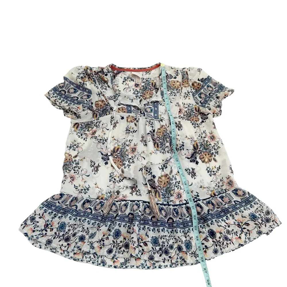 Knox Rose Small White Multicolor Floral Boho Peasant Tie Front Blouse